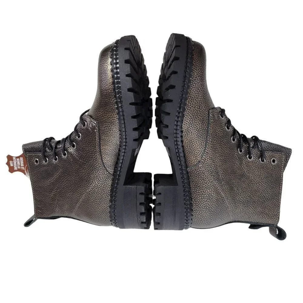 Metallic Leather Combat Boots Black  Women Size EU 36 US 6
